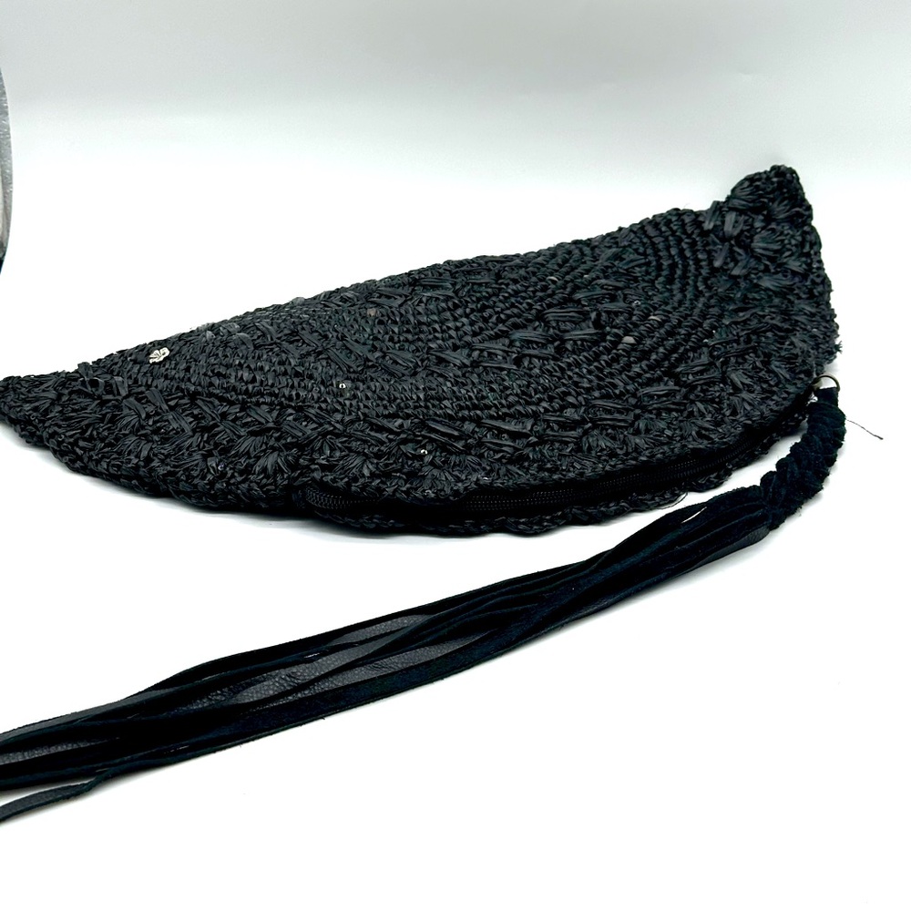 Flora Bella Rafia Sequin Black Fan Clutch Leather Tassel - Picture 2 of 7